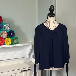 ⭐️3/$25⭐️ Zac & Rachel fluff 3/4 sleeve with‎ tie Navy Blue Women's Top